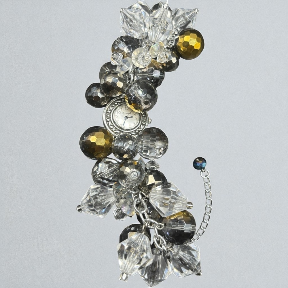 Handmade Cluster Beaded Watch Bracelet in Gold, Silver & Crystal Tones